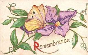 Vintage Postcard 1910's Remembrance Greetings Purple Flower & Yellow Butterfly