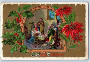 Christmas Postcard Religious Holly Berries Poinsettia Flowers Embossed Adrian MI