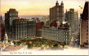 VINTAGE POSTCARD PANORAMA VIEW OF CITY HALL PARK NEW YORK CITY POSTED 1909