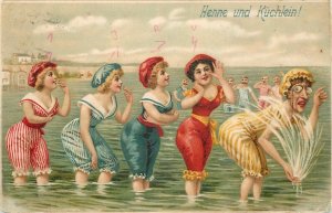 Bathing women comic caricatures chromo postcard Henne und Kuchen c.1913