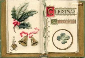 Greetings Card, Christmas, Book, Holly Leafs, Gold Bells, Heavy Embossing