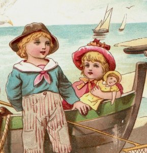 1880s Ocean Beach Scene Ships Boat Children & Doll Seagull Net F104