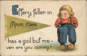 Minot Massachusetts MA Little Dutch Boy Pennant Flag c1910 Vintage Postcard