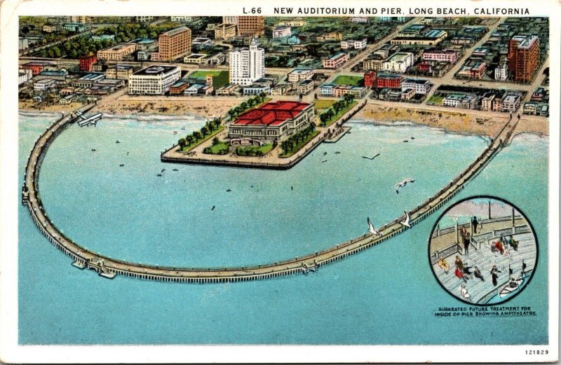 Aerial View New Auditorium Pier Birds HWY Long Beach California CA Postcard PM 