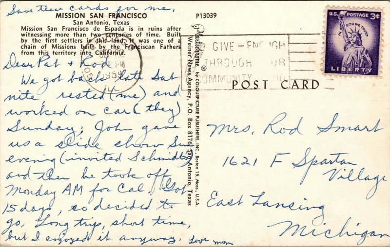 Vtg 1950s Mission San Francisco de Espada San Antonio Texas TX Chrome Postcard