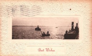 Vintage Postcard 1910's Best Wishes Ocean Adventure Boating Fishing Greetings