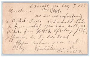 1889 Hutchinson Co. Manufacturing Item Carroll Iowa IA Posted Postal Card