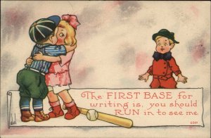 A/S Wall Baseball Romance Little Girl Kisses Baseball Player Vintage Postcard