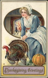 Thanksgiving Pilgrim Woman Turkey Pumpkin Fireplace Gilt Embossed 1900s-20s PC