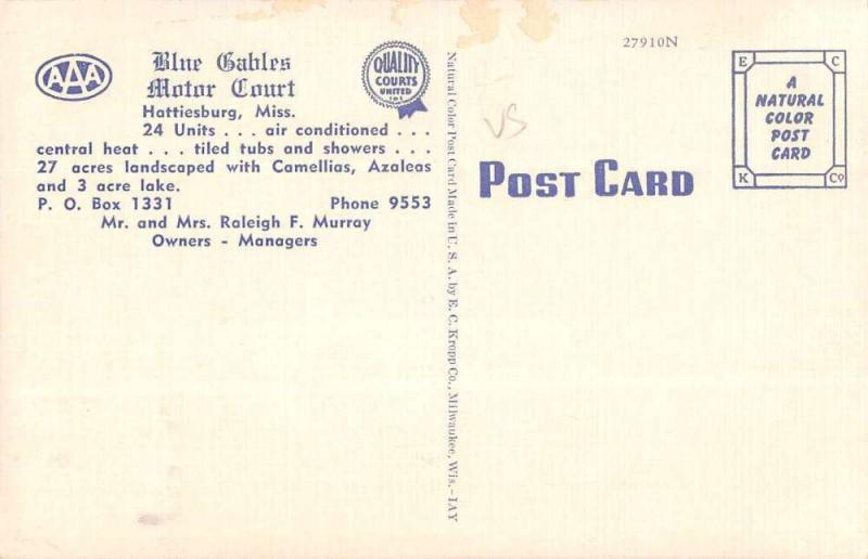 Hattiesburg Mississippi Blue Gables Multiview Linen Antique Postcard K18169