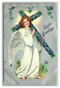 Vintage 1908 Tuck's Easter Postcard Angel Carries Purple Cross Silver Face