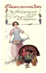 Thanksgiving Day woman and turkey Thanksgiving Pink of Perfection Postcard 1915