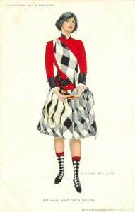1910 Postcard A/S Coles Phillips, Scottish Tartan Girl All Wool and Face Value