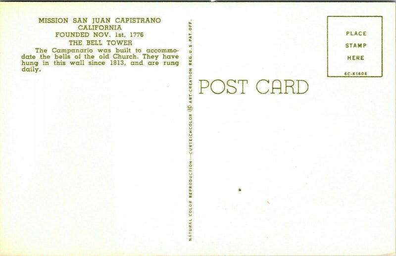 Mission San Juan Capistrano California CA Bell Tower Postcard Curteich VTG UNP