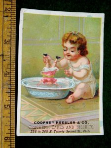 1880s Girl Bathing Doll, Godfrey Keebler & Co, Crackers & Biscuits Trade Card F8 