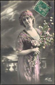 Edwardian Curly Girl in Pink Dress, Flowers, Jewelry Necklace (1913) RPPC