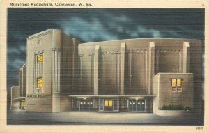 West Virginia Charleston Municipal Auditorium Night Tichnor Postcard 22-5323