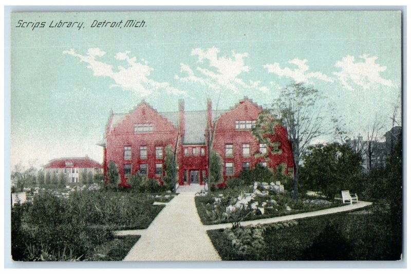 c1910 Scrips Library School Building Trees Pathway Detroit Michigan Postcard