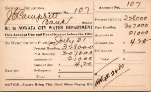 Postcard Bill and Payment Receipt Nowata City Water Department, Oklahoma