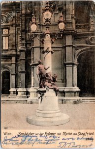 Postcard Austria Vienna - Lampost outsde State Opera with Siegfried Motif