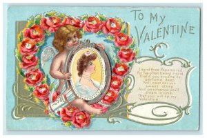 1909 Valentine Cupid Angel Beautiful Woman In Mirror Embossed Antique Postcard