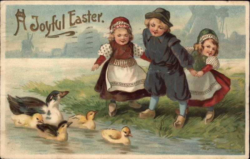 Easter Dutch Children & Ducks in River c1910 Postcard - Embossed
