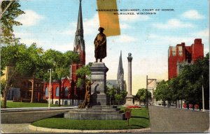 Washington Monument Court Honor Street View Milwaukee Wisconsin Linen Postcard 
