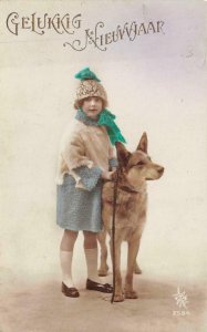 RPPC NEW YEAR GIRL & HER DOG POSTAGE DUE STAMP BELGIUM REAL PHOTO POSTCARD 1924
