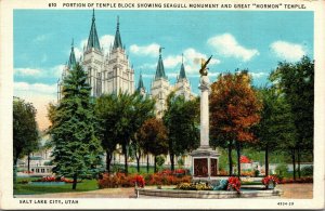 Vtg Salt Lake City UT Utah Seagull Monument Great Mormon Temple 1930s Postcard