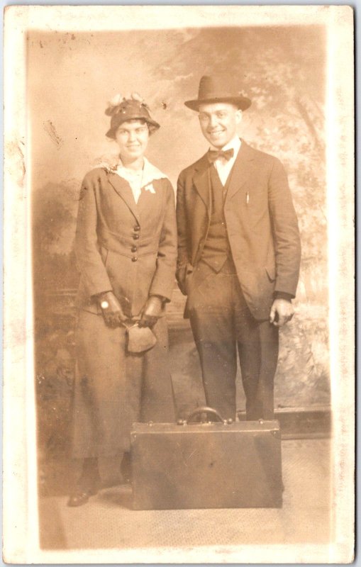 Man and Woman, Formal Suit and Bowtie with Top Hat Portrait - Vintage Postcard