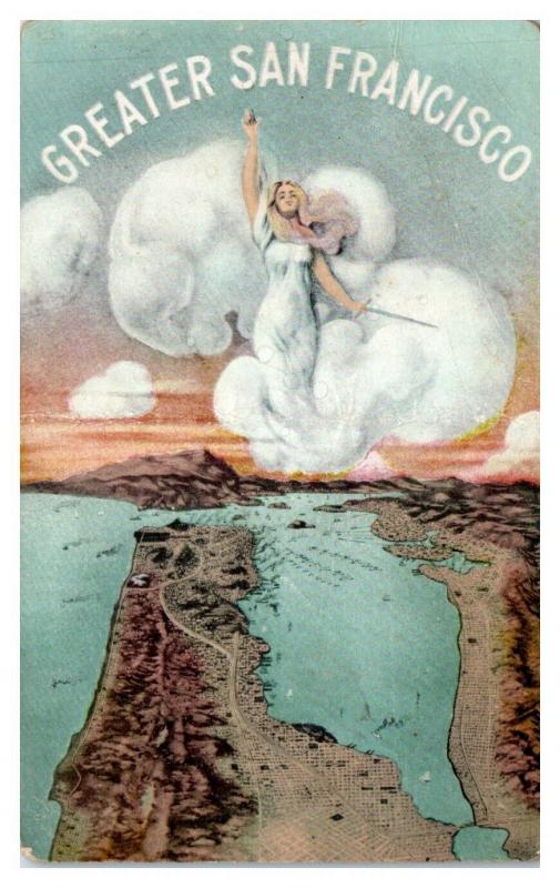 1909 Greater San Francisco, CA Map Angel w/ Sword Postcard *5K4