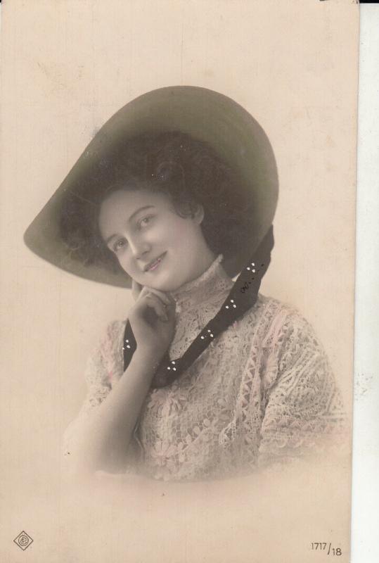 Lovely young lady portrait fancy hat early postcard