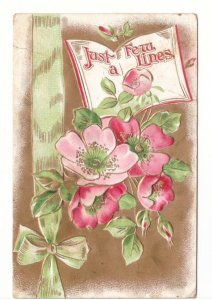 Just A Few Lines, Pink Flowers, Bow, Antique 1910 Embossed Greetings Postcard