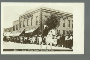 Ogallala NEBRASKA RPPC 1915 SIOUX INDIAN CHIEF Parade WHITE HORSE Zercher Photo