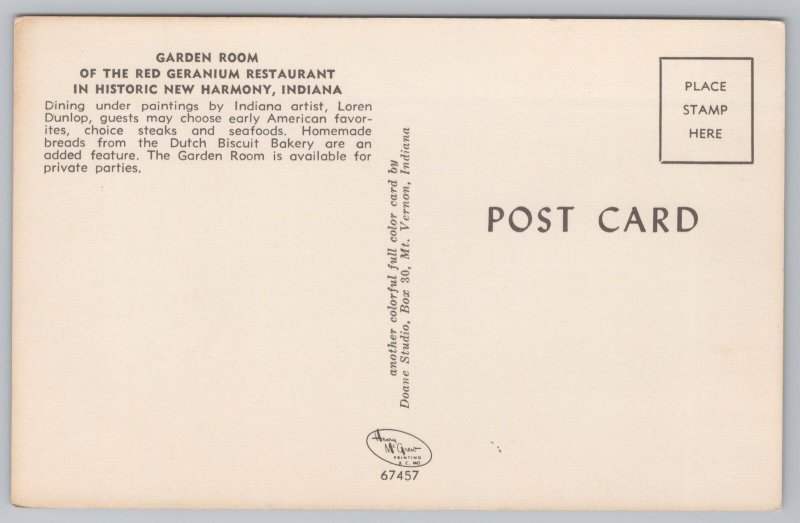 State View~Garden Room Red Geranium Restaurant New Harmony IN~Vintage Postcard