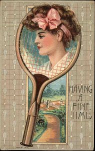 Beautiful Woman Tennis Player Tennis Racket Border c1910 Vintage Postcard