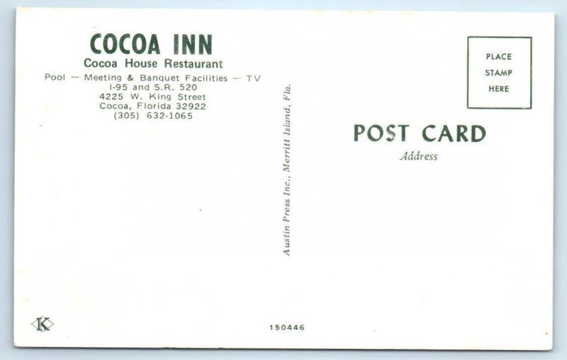 COCOA, Florida FL ~ Roadside COCOA HOUSE RESTAURANT Cocoa Inn 1960-70s  Postcard