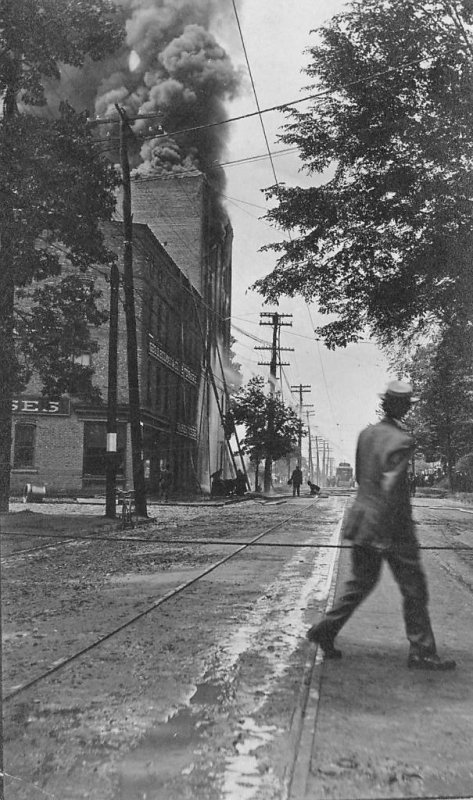 RPPC Building on Fire Street Scene July 1911 Streetcar Vintage Photo Postcard