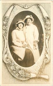 Artsy Scroll Border Big Hats Pretty Woman C-1910 RPPC Photo Postcard 13477