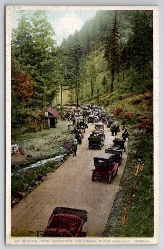 Columbia River Oregon At Benson Park Entrance Antique Cars Postcard O29