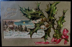 Vintage Victorian Postcard 1908 Christmas Greetings - Gold Card with Holly