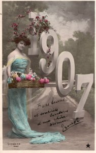 ​​Vintage Postcard 1907 Beautiful Victorian Lady With Basket of Flowers Greeting