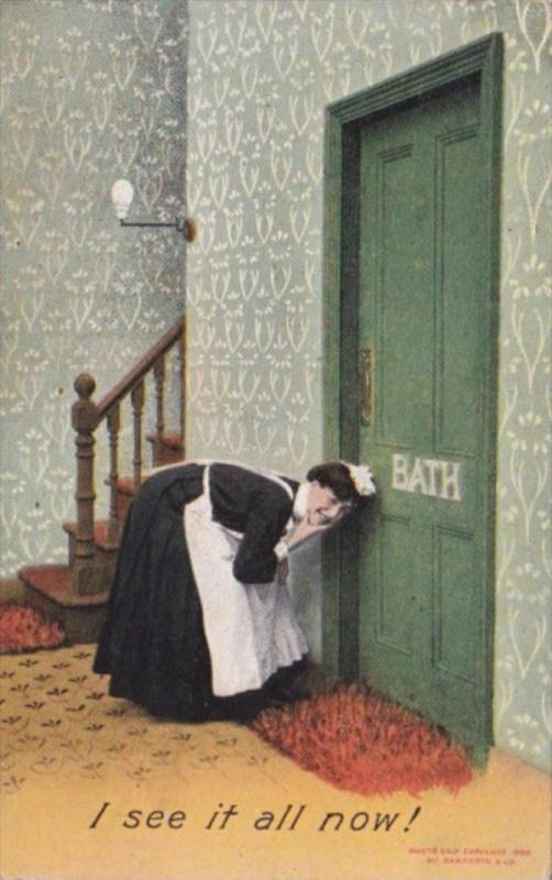 Bamforth Humour Maid Peeking Through Bathroom Door Keyhole I See It All Now 1912