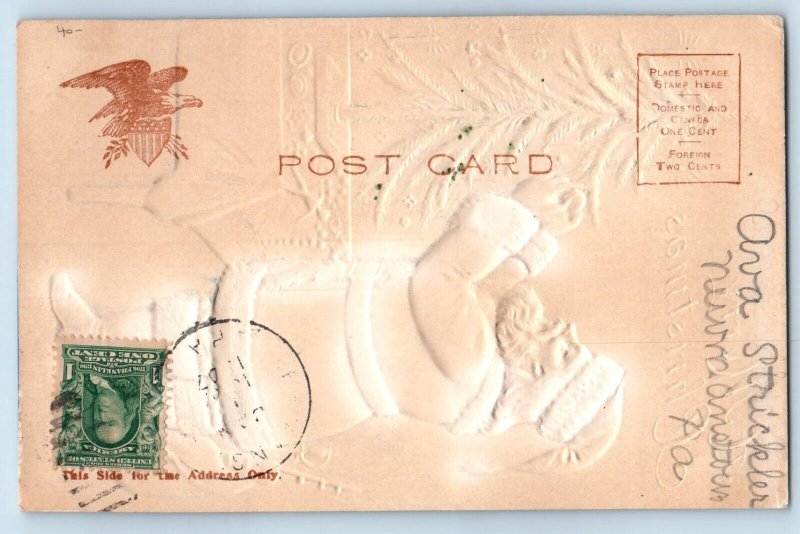 Christmas Postcard Santa Claus Decorating Christmas Tree Airbrushed Glitter