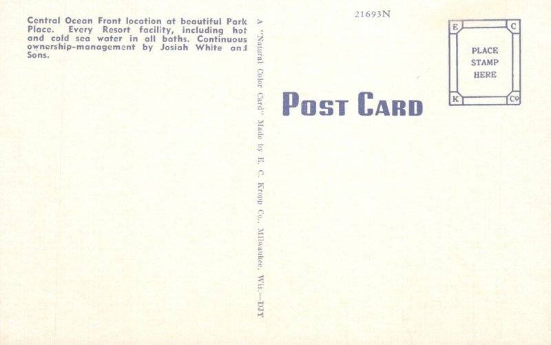 Vintage Postcard Marlborough-Blenheim Hotel Square Atlantic City New Jersey NJ 