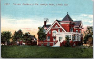 1914 Fairview Residence Of Wm. Jennings Bryan Lincoln Nebraska Posted Postcard