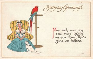 Birthday Greetings Princess With Her Pets Cat & Bird Wishes Vintage Postcard