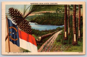 North Carolina~Air View River Scene Poem & Flag~Vintage Linen Postcard