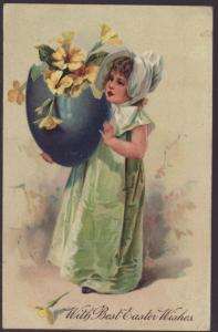 With Best Easter Wishes,Girl Holding Egg,Flowers Postcard