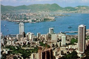 1970s Bird's Eye View Financial District of Victoria Hong Kong Harbor Postcard